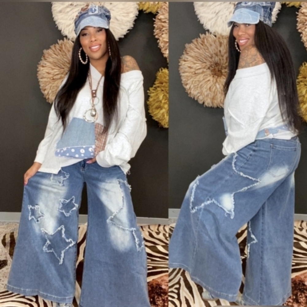 Sage + Fig Star Patch Luxury Wide Leg Bohemian Denim Jeans NWT Sz M